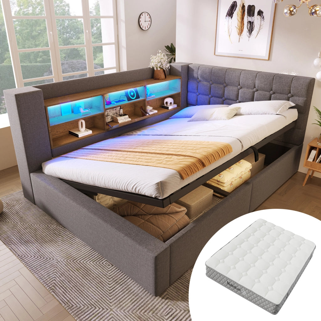 Letto imbottito 140x200 cm con LED, contenitore idraulico, testiera a L, rete e materasso, grigio