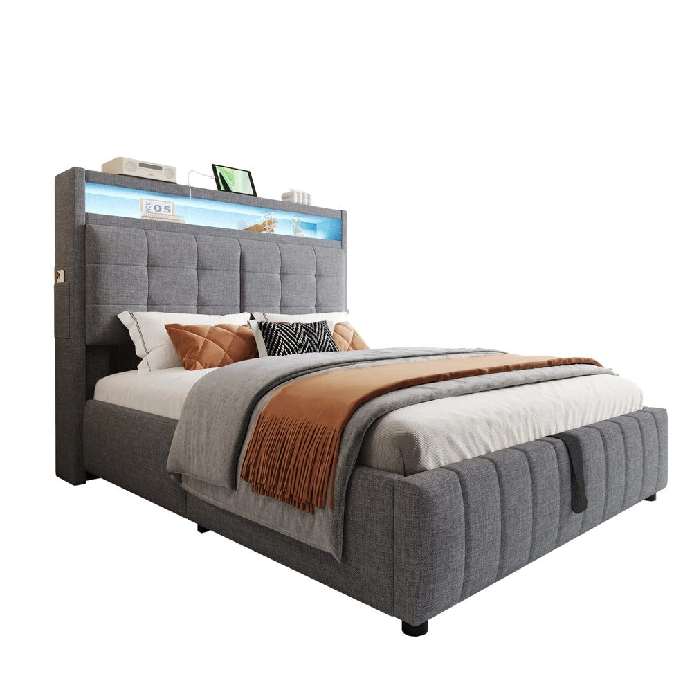 Letto Imbottito Contenitore 140x200 con LED ¨C Xylo ¨C Tessuto Grigio, Idraulico, Rete a Doghe