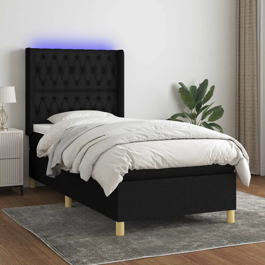 Letto singolo | Letto per adulti | Letto a Molle con Materasso e LED Nero 80x200 cm in Tessuto