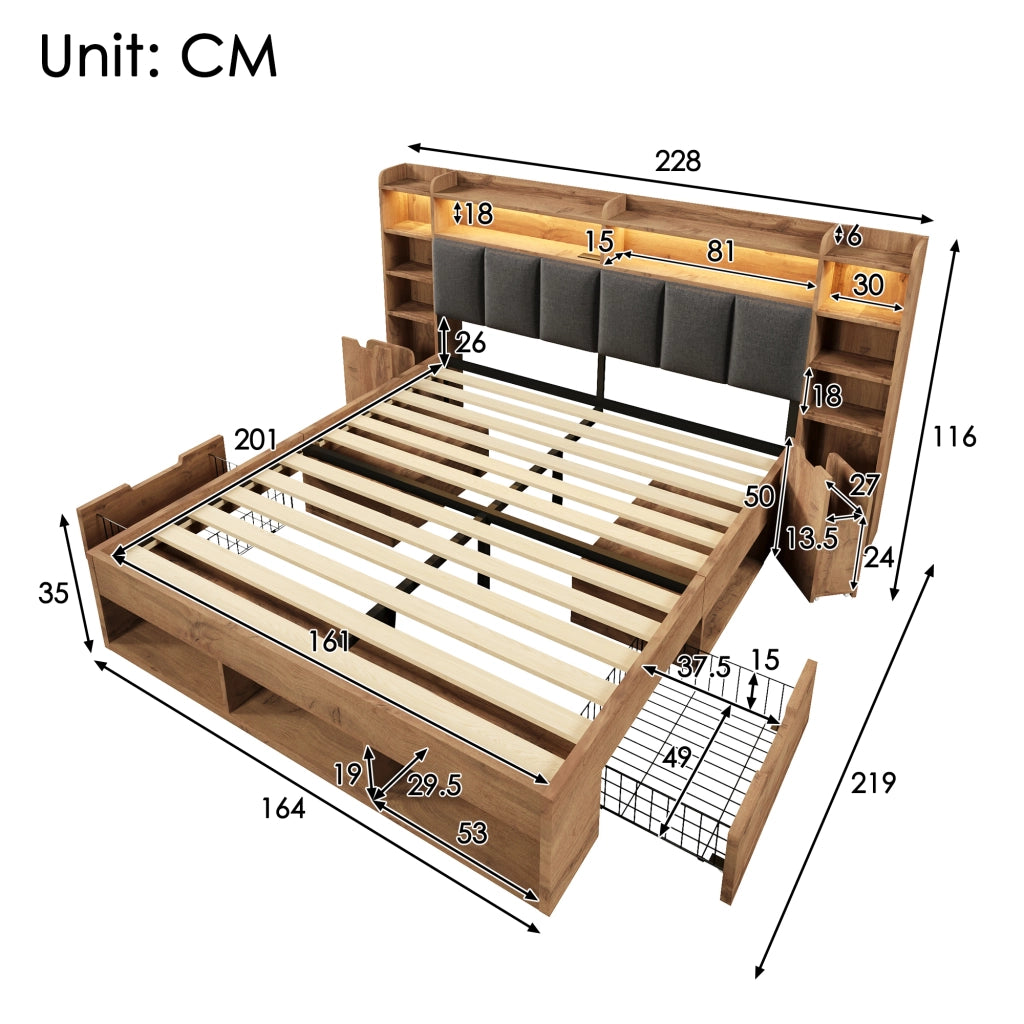 DESMIU Litto Combinato 160 × 200 cm 2 posti con LED, USB, Type-C, vano contenitore e cassetti, senza materasso, in legno, rovere