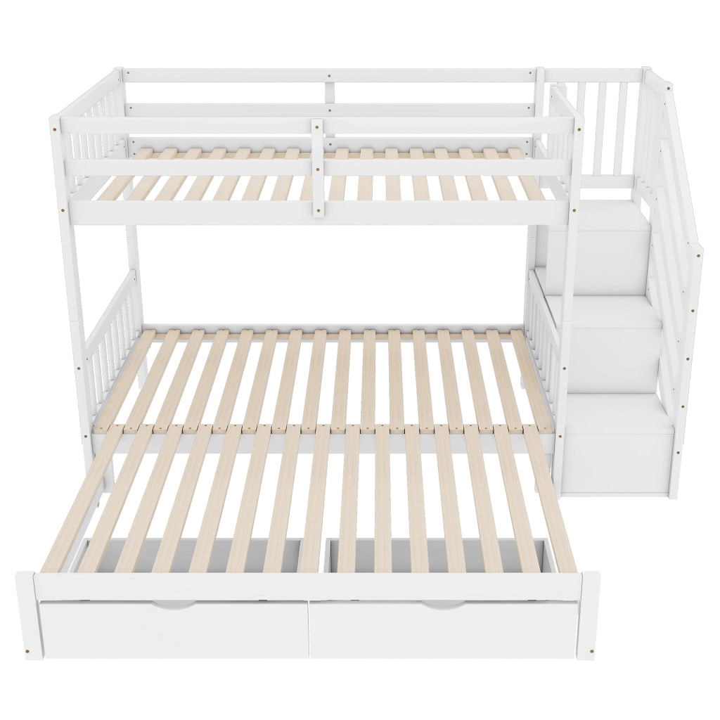 OKWISH Letto a Castello 90×200 cm e 180×200 cm, Letto 3 Posti con Letto Estraibile, 2 Cassetti e Ripiani, senza Materasso, Bianco