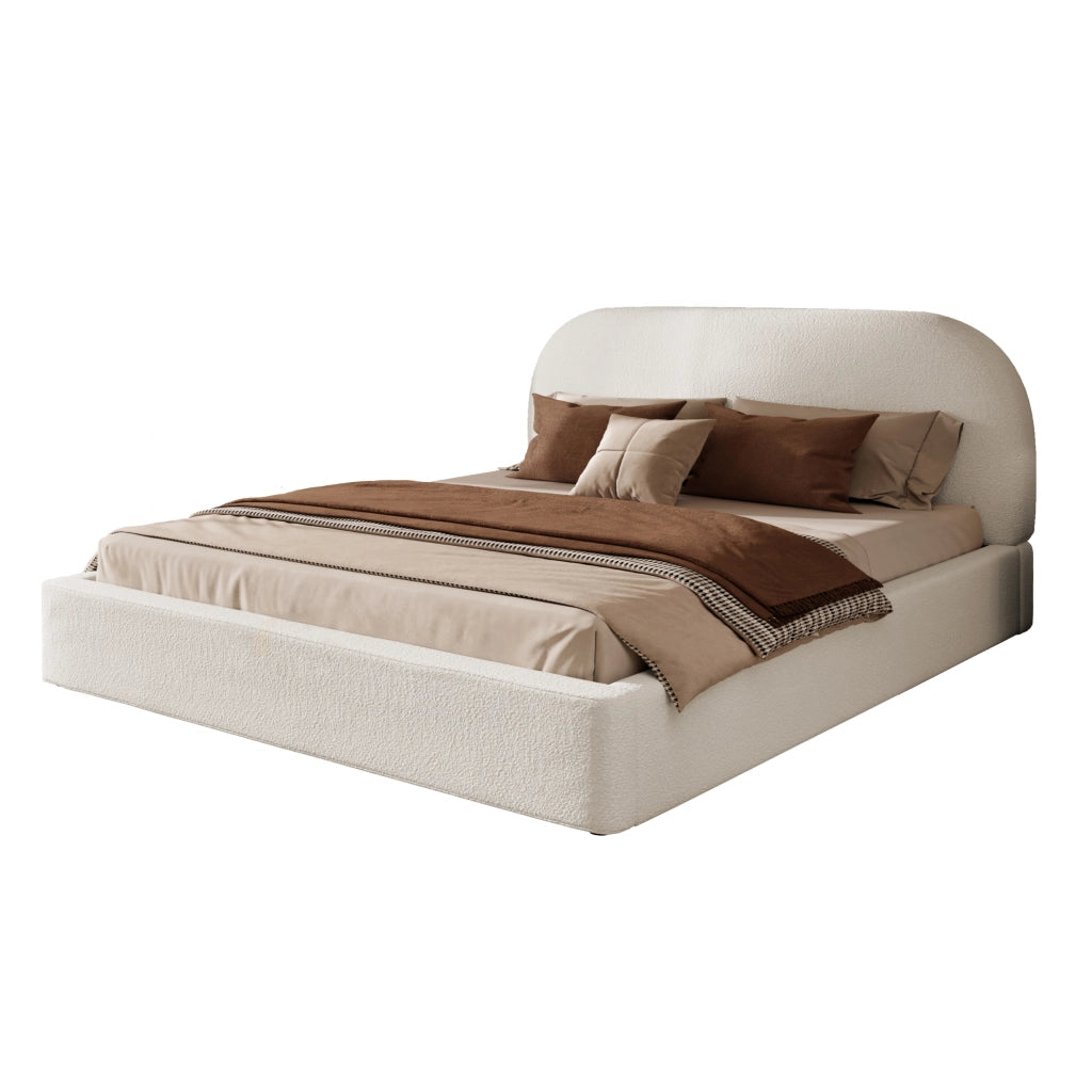 Letto matrimoniale 180×200 cm; testiera imbottita; angoli arrotondati; senza materasso; in bouclé beige