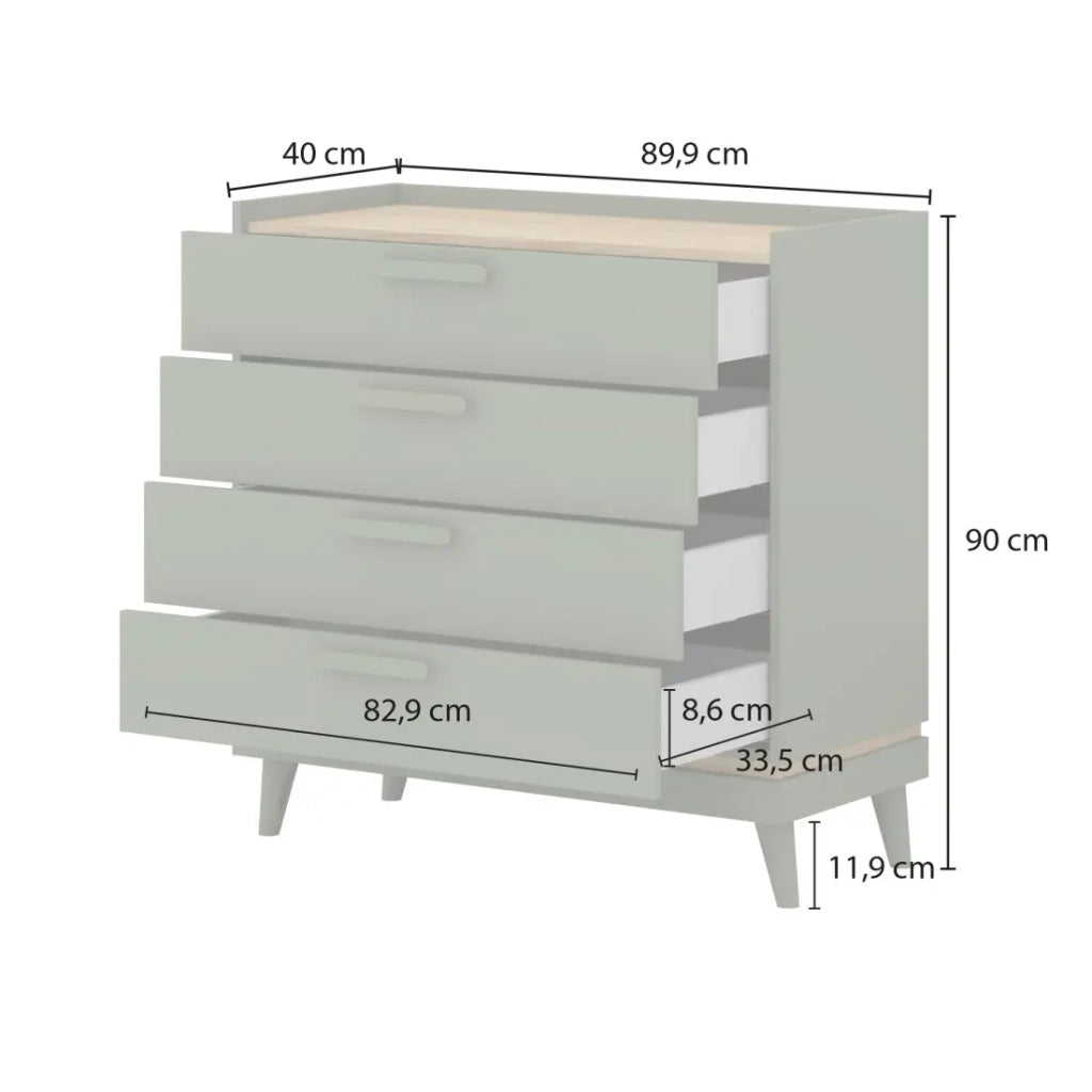 Comò NOKI – Verde e legno – 3 cassetti stile scandinavo
