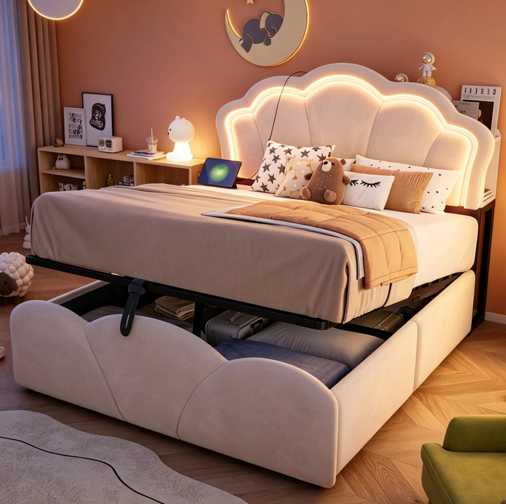 Letto imbottito 140x200 cm con vano contenitore, LED e prese integrate
