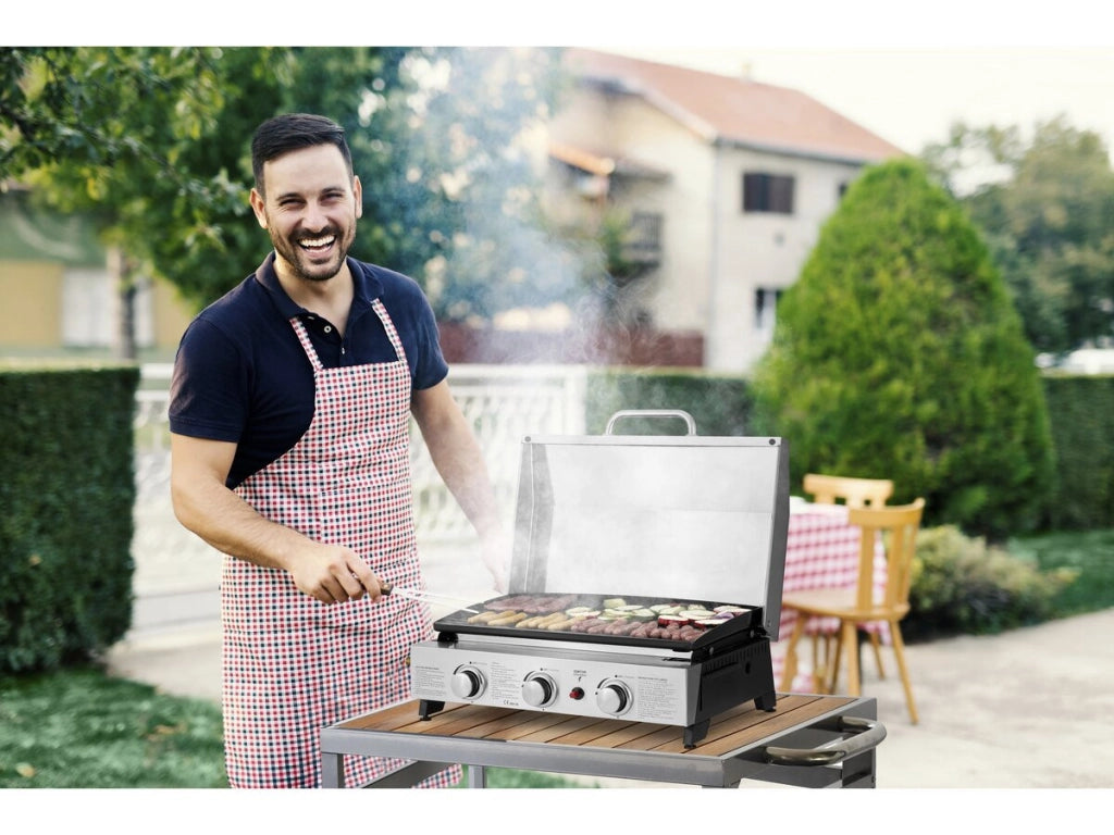 Piastra a gas con 3 bruciatori e coperchio in metallo "Fasto" - 7,5 kw - Grigio