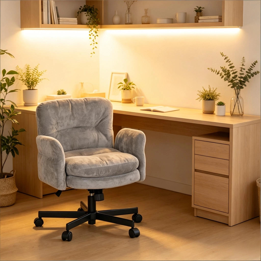 Sedia girevole a 360° in velluto con seduta imbottita, schienale ergonomico e base in metallo per soggiorno grigio