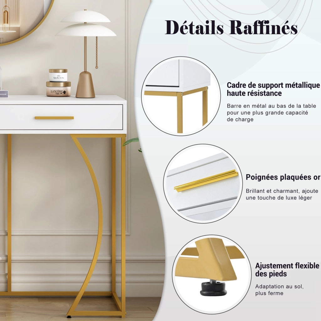Consolle, tavolino da ingresso con 2 cassetti, tavolino laterale leggero ed elegante, tavolino da divano, 110x32x85 cm, bianco/oro