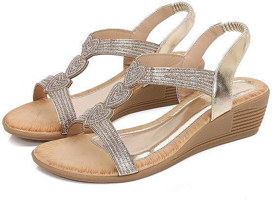 Sandali femminili con suola in gomma - Sandali estivi - Luccicanti - Comodi - Piattaforma bohemienne - Coda elastica con decorazione di strass