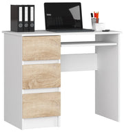 Scrivania per computer AKORD A6 Bianco 90 cm 3 cassetti inserto frontale Sonoma Quercia 90x50x77 cm Modello a sinistra