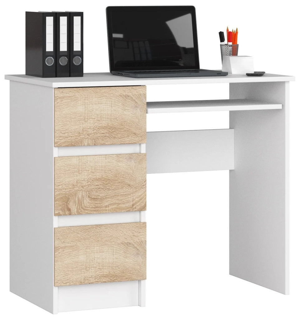 Scrivania per computer AKORD A6 Bianco 90 cm 3 cassetti inserto frontale Sonoma Quercia 90x50x77 cm Modello a sinistra