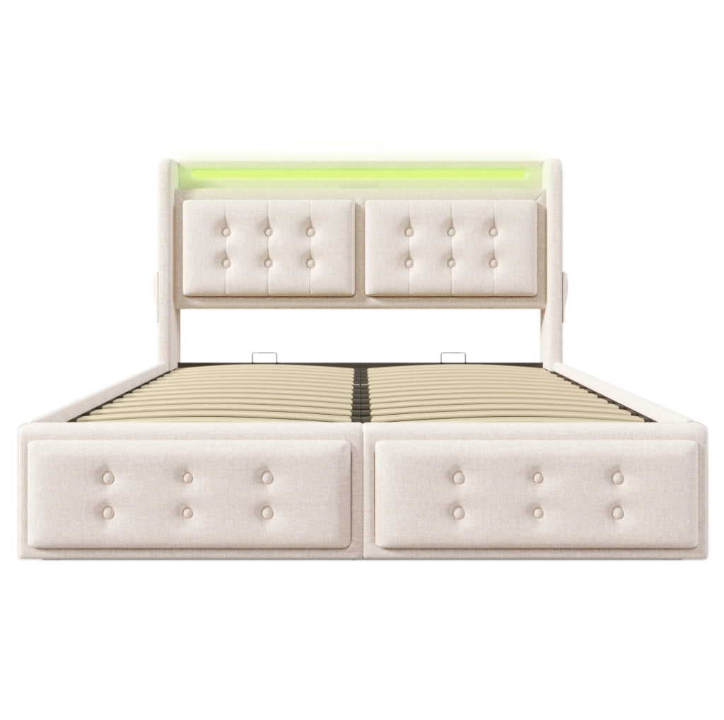 Letto imbottito 180x200 con testiera LED, USB e contenitore salvaspazio