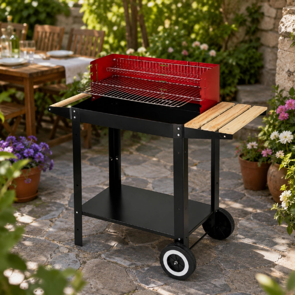 BBQ Grill A Carbonella Con Griglia Regolabile Accessori In Dotazione Ripiano Laterale Multifunzionale Supporto Porta Accessori Ruote Scorrevoli E Ripiano Scaldavivande 86 x 40.5 x 81 Cm