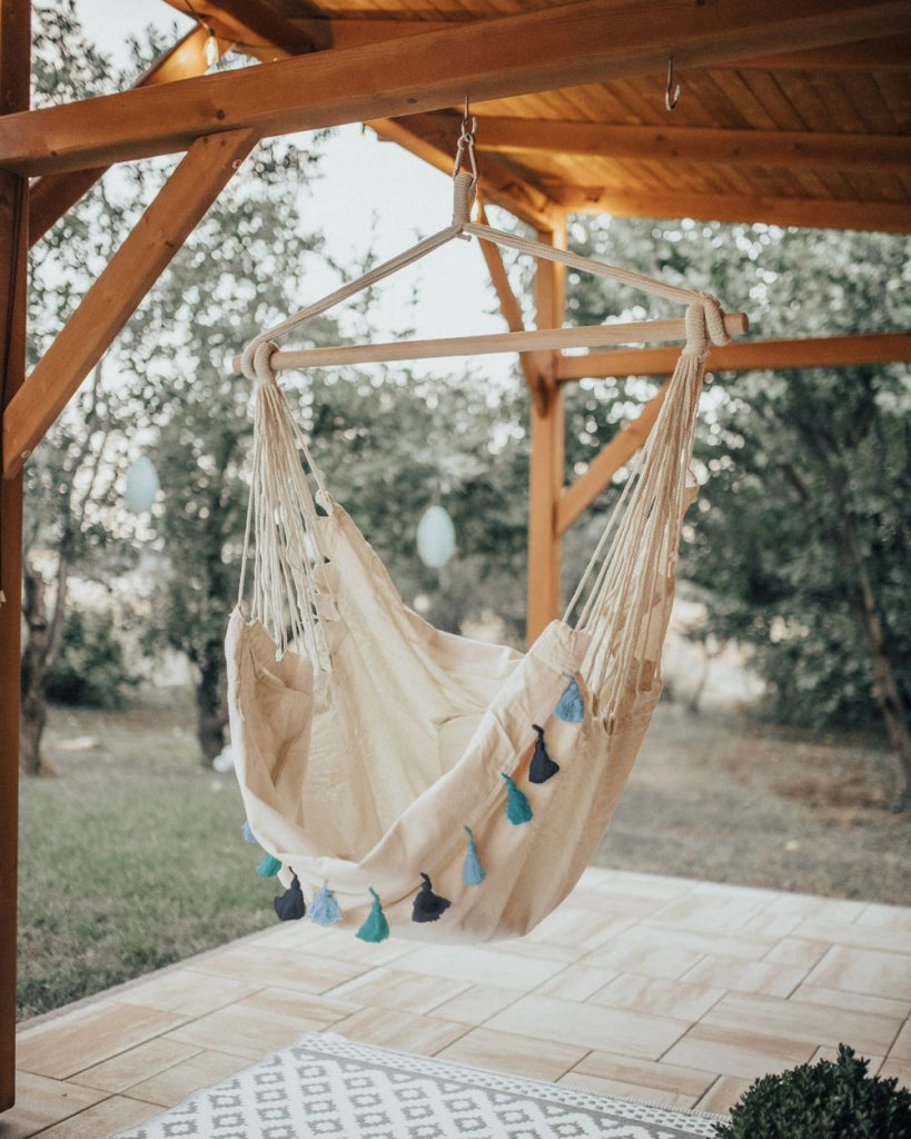 Sedia amaca sospesa da interno esterno in cotone beige e blu Stile Boho