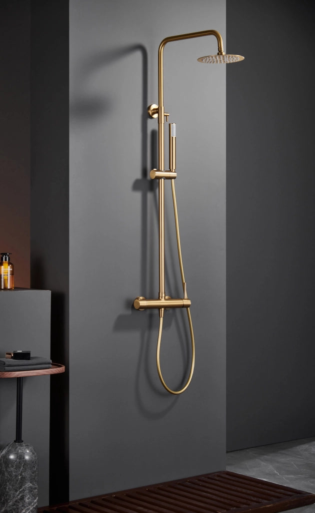 IMEX Colonna doccia monocomando Monza in ottone e acciaio, oro spazzolato, soffione Ø20 anticalcare, asta estensibile, tubo e maniglia, Imex-BDM039-OC