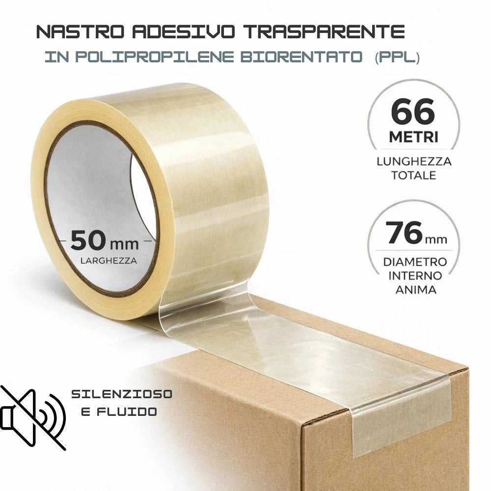 Kit nastro adesivo silenzioso trasparente per imballaggio 50mm x 66mt