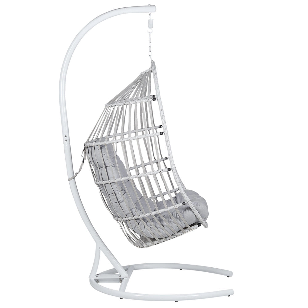 Poltrona Sospesa con Piedistallo in Rattan Grigio Chiaro Stile Boho Moderno