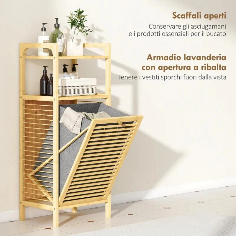 MOBILE BAGNO A DOGHE CON CESTO PORTABIANCHERIA E ARMADIETTO, IN BAMB¨ E POLIESTERE, 40X30X95 CM, GRIGIO E LEGNO