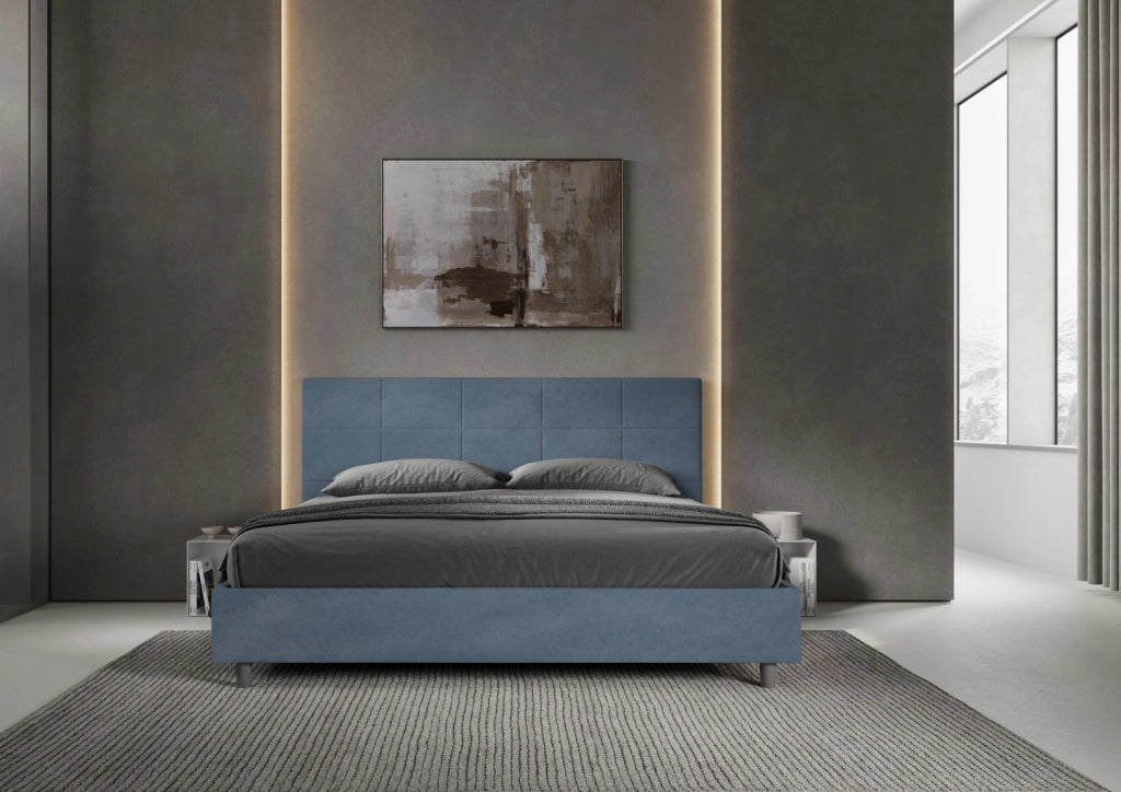 Letto Matrimoniale King Size 180x200 cm con Rete Imbottito in Microfibra Mika Blu