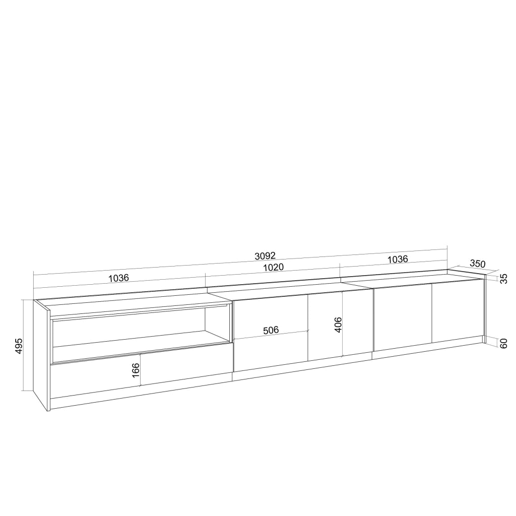 Mobile TV Soggiorno, 310x50x37 cm, Per TV fino a 80", Led, Rovere e nero