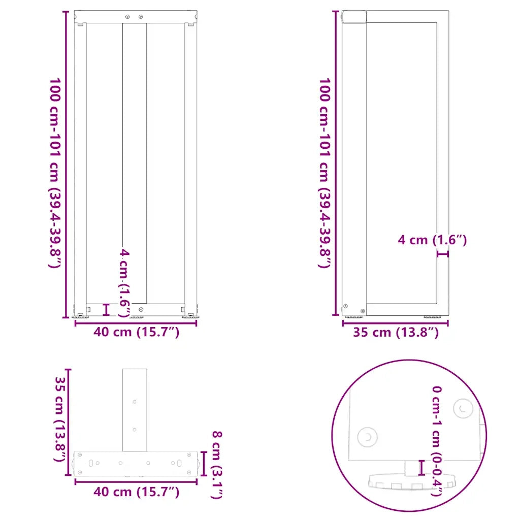 Gambe per tavolo da bar a forma di T 2 pz nere 40x35x(100-101) cm in acciaio 4013087