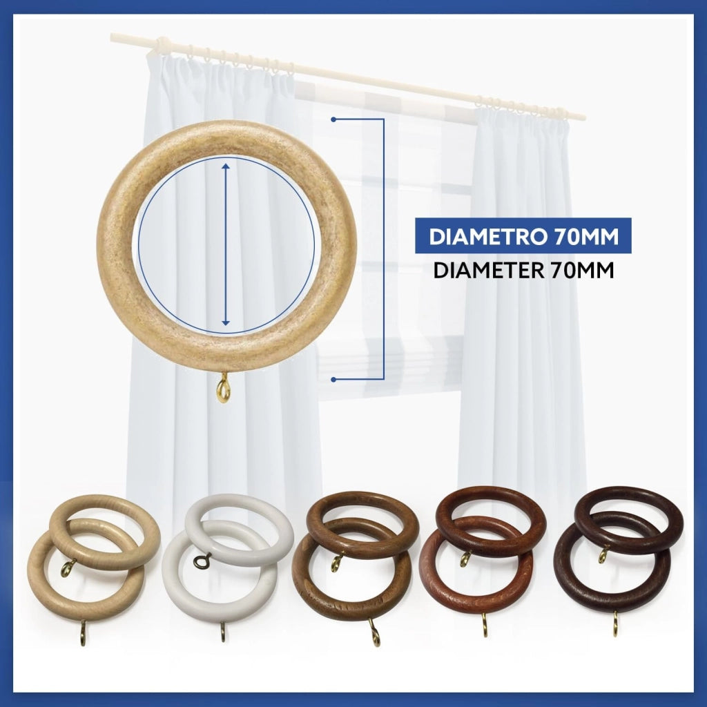 Set di 10 Anelli in Legno Colore Olmo per Bastoni di Tenda in Legno, Diametro 35mm - Robusti ed Eleganti