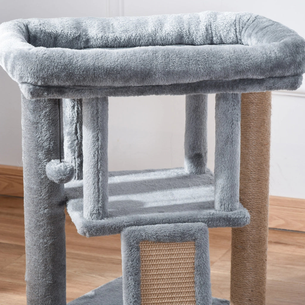 Albero Tiragraffi con Lettino e Casetta in Peluche 40x40x57 cm Tiragraffi in Juta Grigio