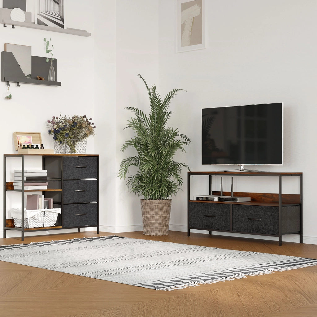 Mobile TV, Mobile Porta TV Fino a 47" con 2 Cassetti Pieghevoli in Tessuto e Mensola, Mobiletto per Televisore per Soggiorno, Camera da Letto e Salotto, 98x29x56 cm, Marrone Rustico