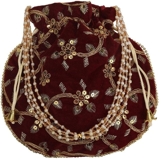 Borsa artigianale indiana in cotone e seta, borsa da donna Potli, clutch mano a maglia per matrimoni, feste e regali. H-21,59 cm x B-20,32 cm - marrone scuro
