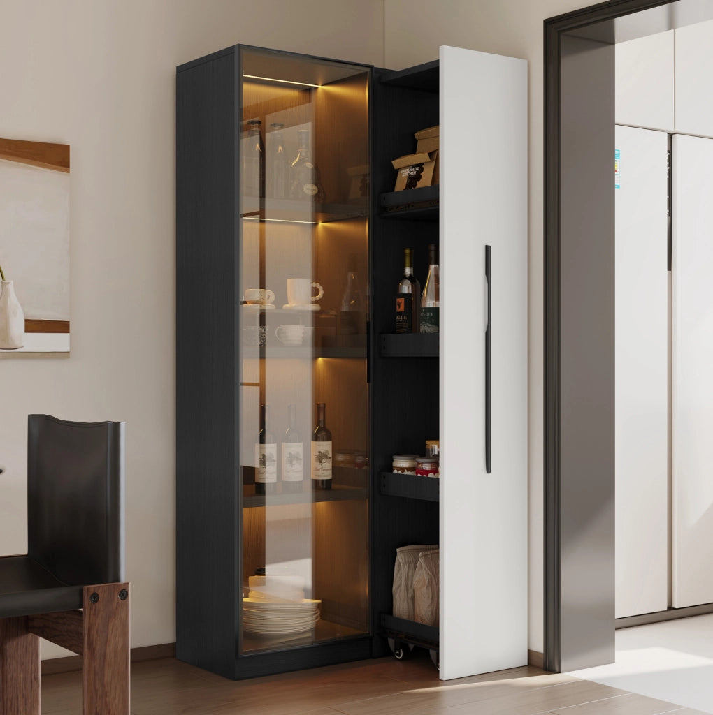 Vetrina 70x40x160 cm con illuminazione LED e ripiano laterale in MDF nero e bianco