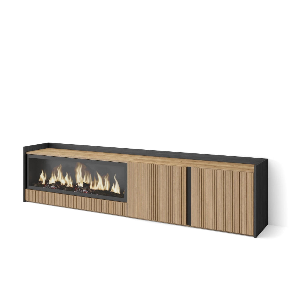 Mobile TV Soggiorno, 212x50x35 cm, Per TV fino a 80", Camino elettrico XXL, Rovere e nero