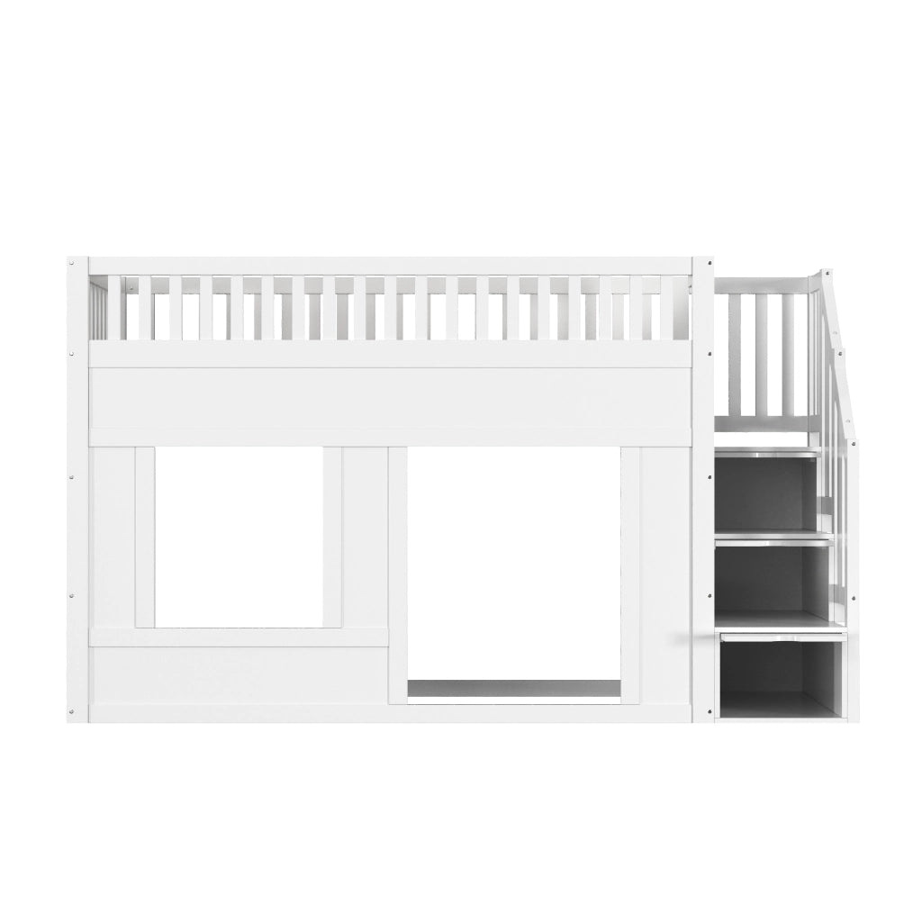 Letto a castello 90×200 cm 1 posto letto con scala contenitore e spazio gioco; senza materasso; in legno e MDF bianco