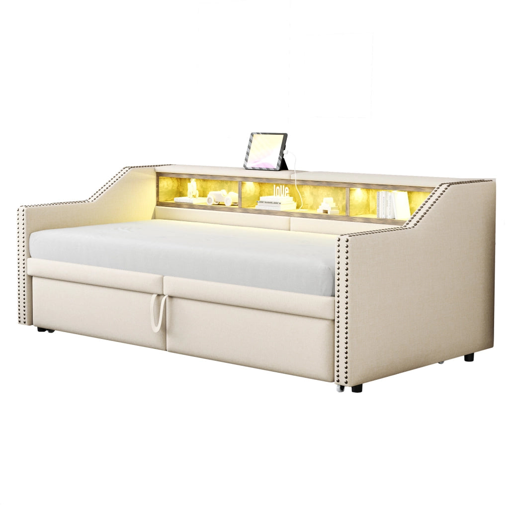 Divano letto estraibile 90/180x200 cm con vani laterali, LED e USB