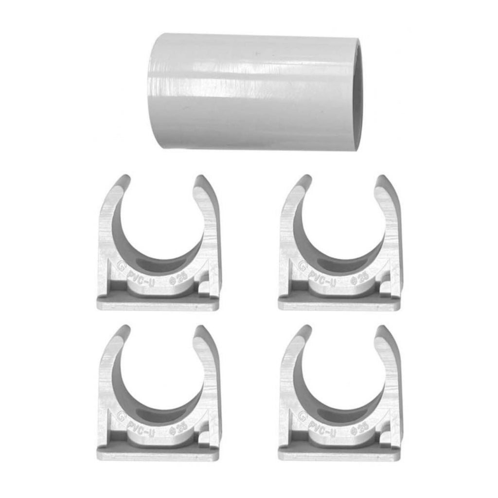 Kit 5 Accessori Per Tubo Rigido e Flessibile Da 16mm, 4 Clip Fissatubo A Scatto + 1 Giunto Raccordo Lineare, Colore Bianco IP40