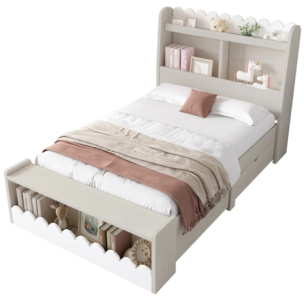 Letto per bambini in legno con 2 cassetti; mensole; panca contenitore e doghe; bianco e rovere chiaro; 90x200 cm; senza materasso