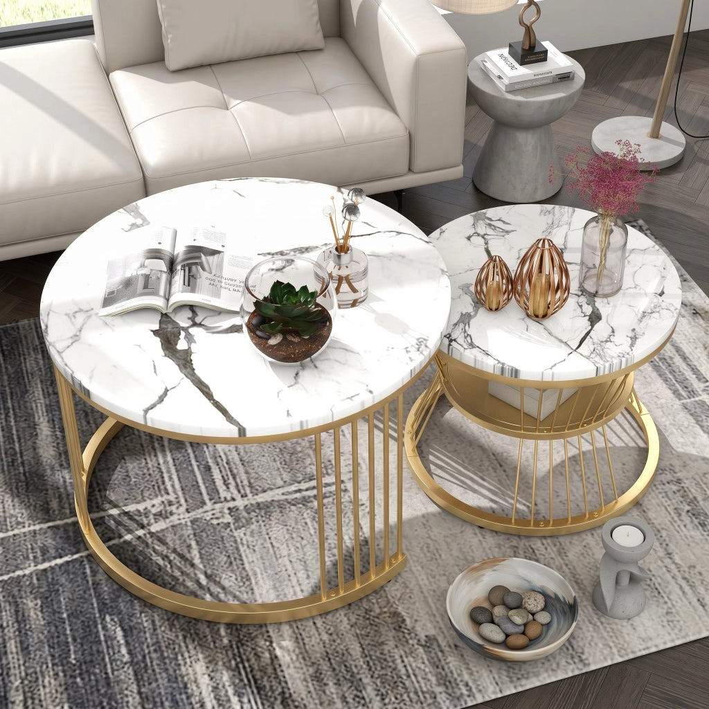 Tavolino da salotto rotondo 70x70x45 cm pieghevole set 2 pezzi tavolino da divano moderno con piano effetto marmo e struttura in metallo - bianco
