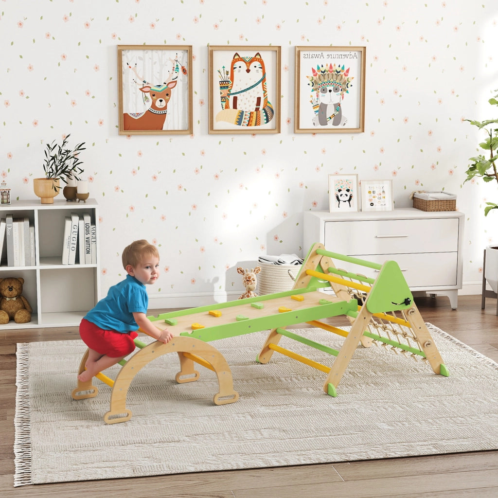Triangolo da arrampicata 8 in 1 con rampa doppia faccia, arco e scivolo in legno ¨C Xylo ¨C Verde