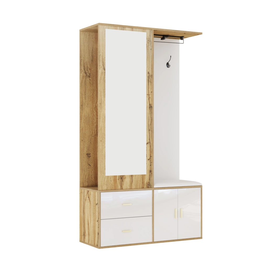 Guardaroba da ingresso 100x38x180 cm con specchio; panca e scarpiera bianco e naturale