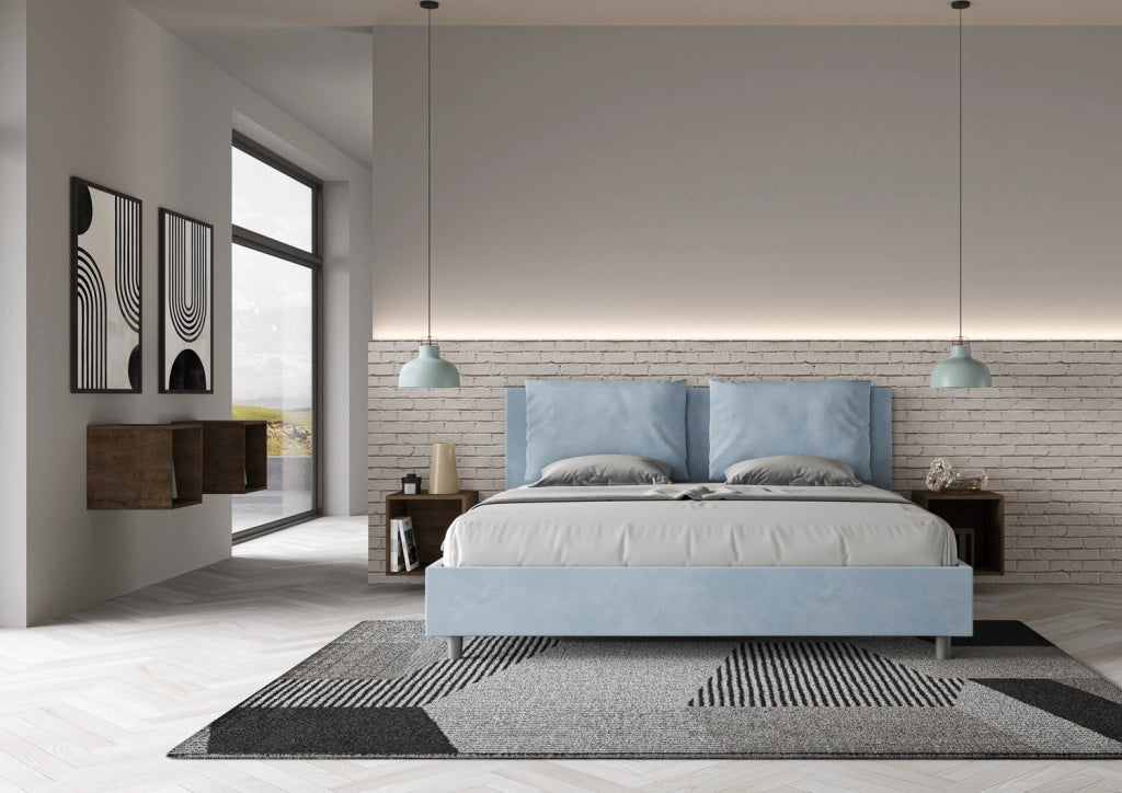 BS COM Letto matrimoniale king size senza rete imbottito 190x190 microfibra azzurro
