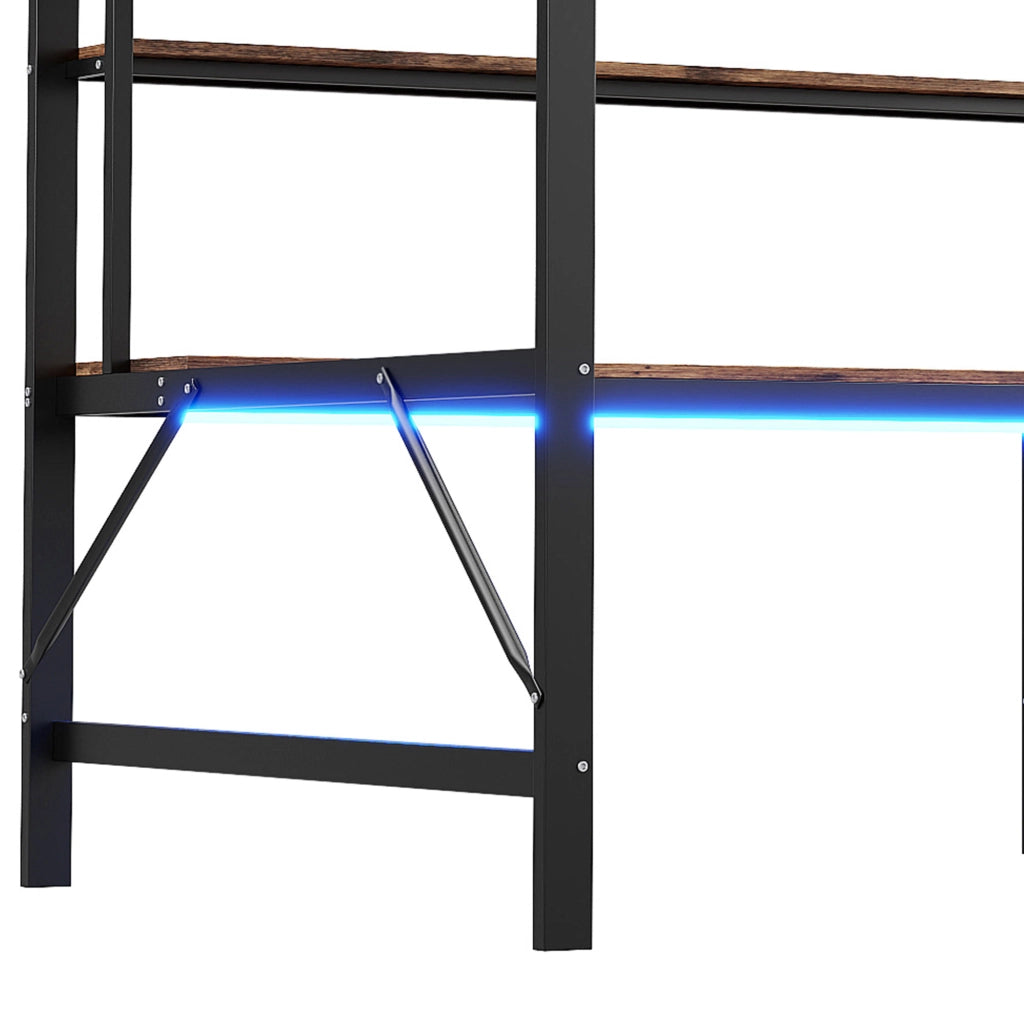 LETTO a soppalco 140x200 cm Metallo Nero con scrivania, ripiani, LED, USB