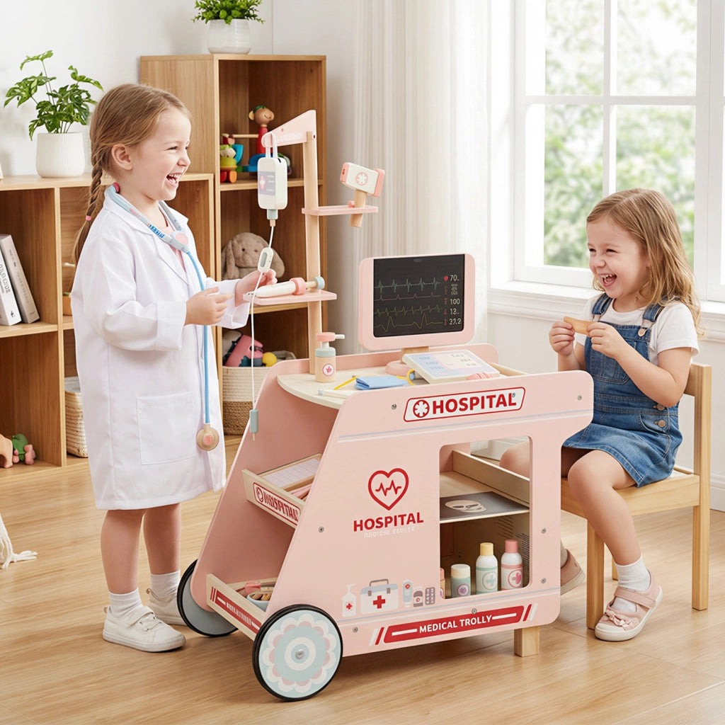 Ospedale finto centro medico per bambini e set da gioco medico in legno per bambini, Set da gioco dottore in legno e stazione medica mobile Rosa