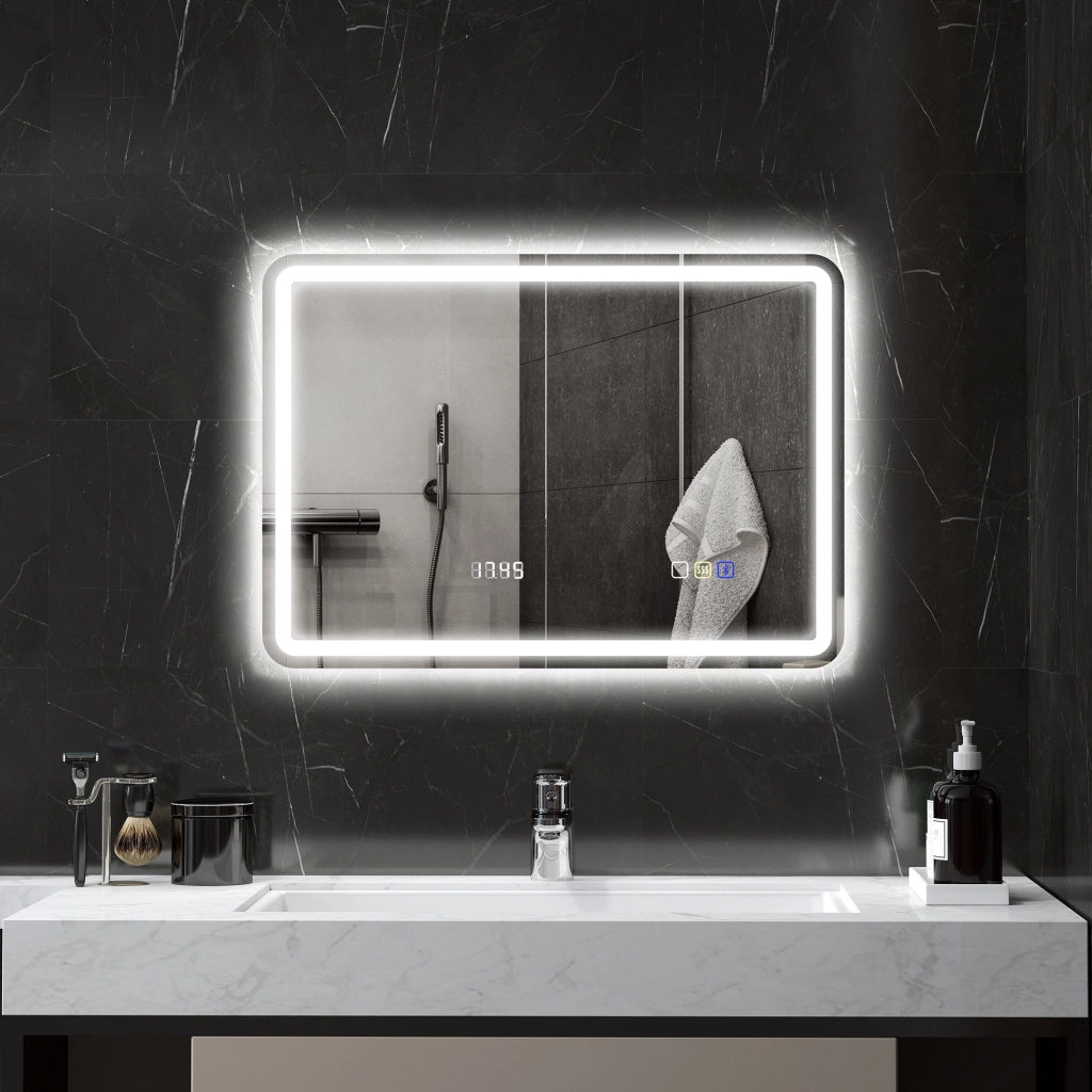 Specchio da Bagno con Bluetooth e Illuminazione LED ¨C Minimal ¨C Argento 50x70 cm