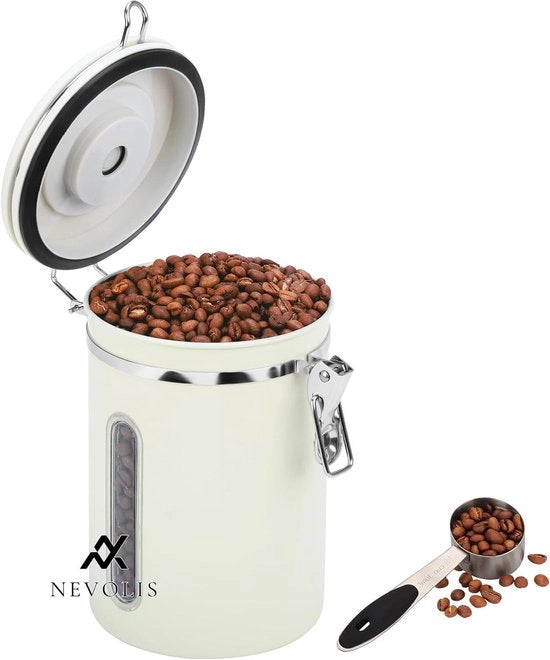 Contenitore per Caffè con Cucchiaio - 18L - Acciaio Inox Rifornimento per Caffè in Grani - Bottiglia di Stoccaggio Erettile con Indicatore di Data - Bianco