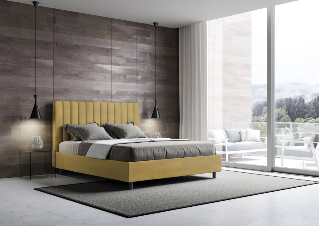 BS COM Letto matrimoniale con rete imbottito 160x200 microfibra ocra