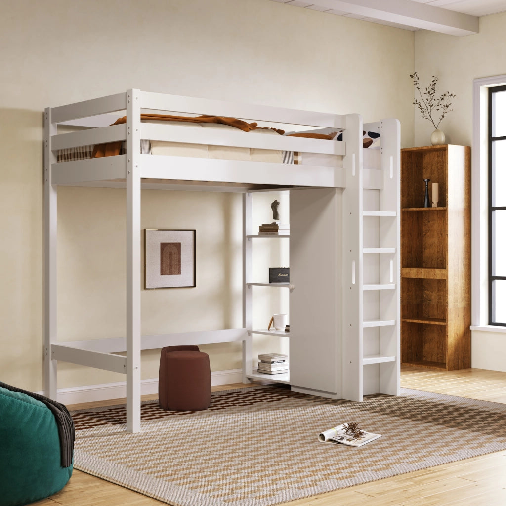 Letto a soppalco per bambini 90x200 cm con armadio e 6 ripiani, bianco