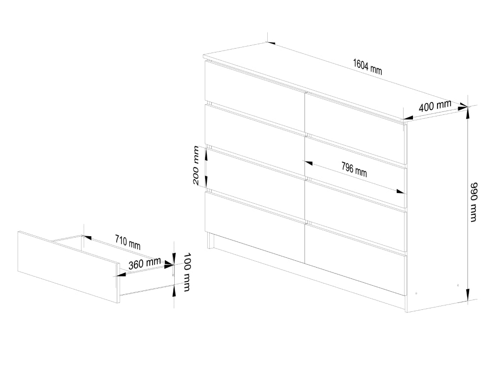 Cassettiera AKORD K160 Sonoma Quercia 160 cm 8 cassetti inserto frontale Bianco 160x40x99 cm