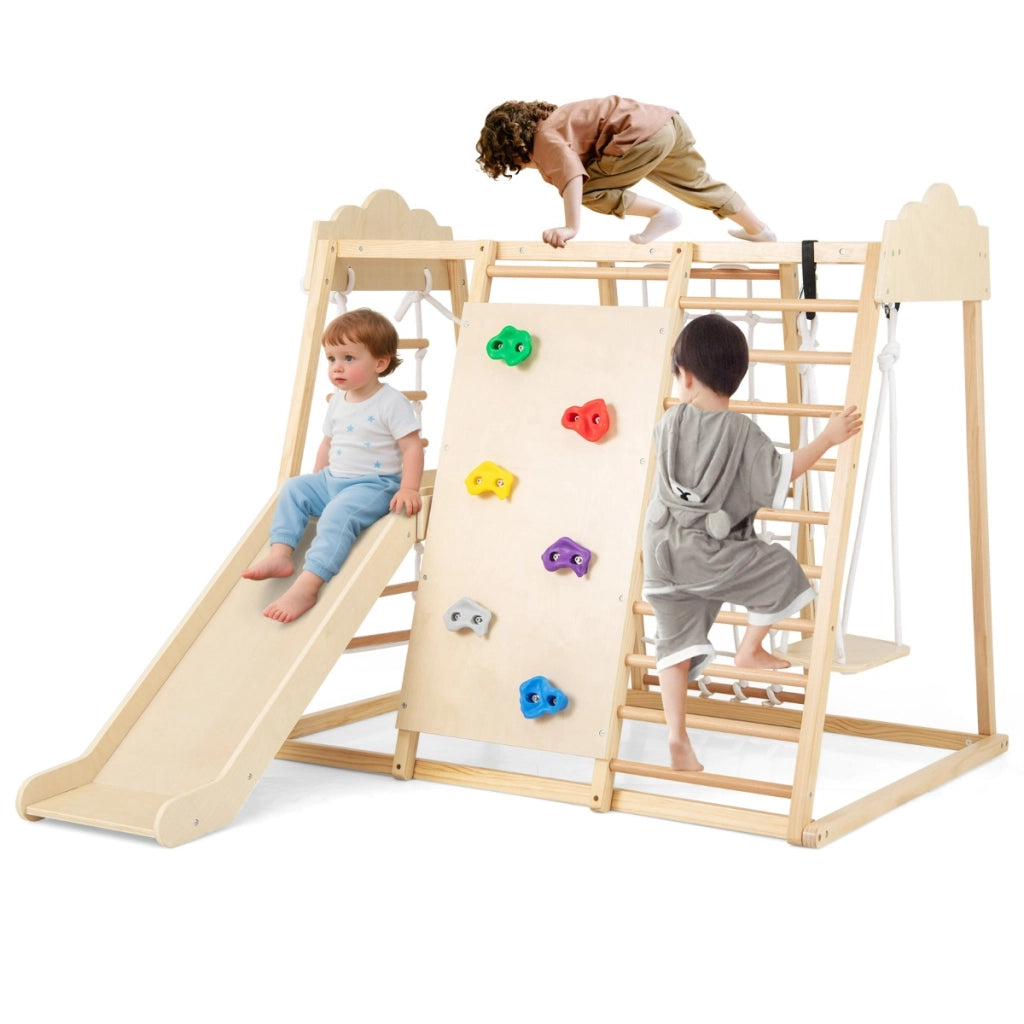 Palestra da interno 8-in-1 con scivolo rimovibile, Giocattoli da arrampicata in legno per bambini 3+ anni Naturale-Arrampicate e scivoli