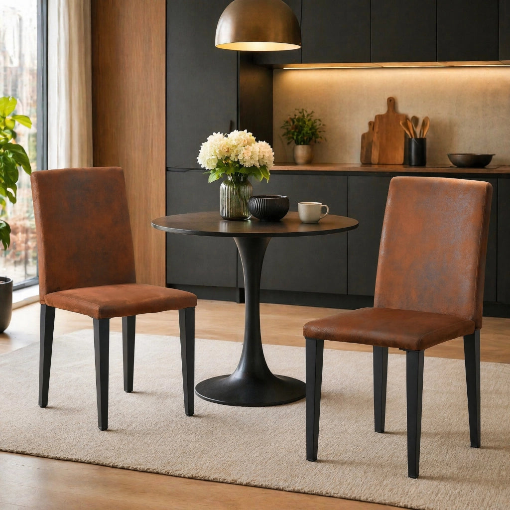 Set di 2 sedie da pranzo moderne in tessuto marrone e metallo nero, stile minimalista