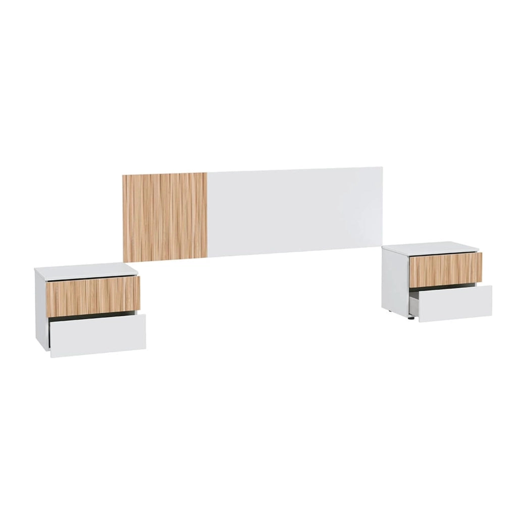 Testiera Matrimoniale Con Due Comodini Dotati Di Due Cassetti Design Scandinavo Con Fissaggio A Parete  160 Cm Bianco E Legno Naturale