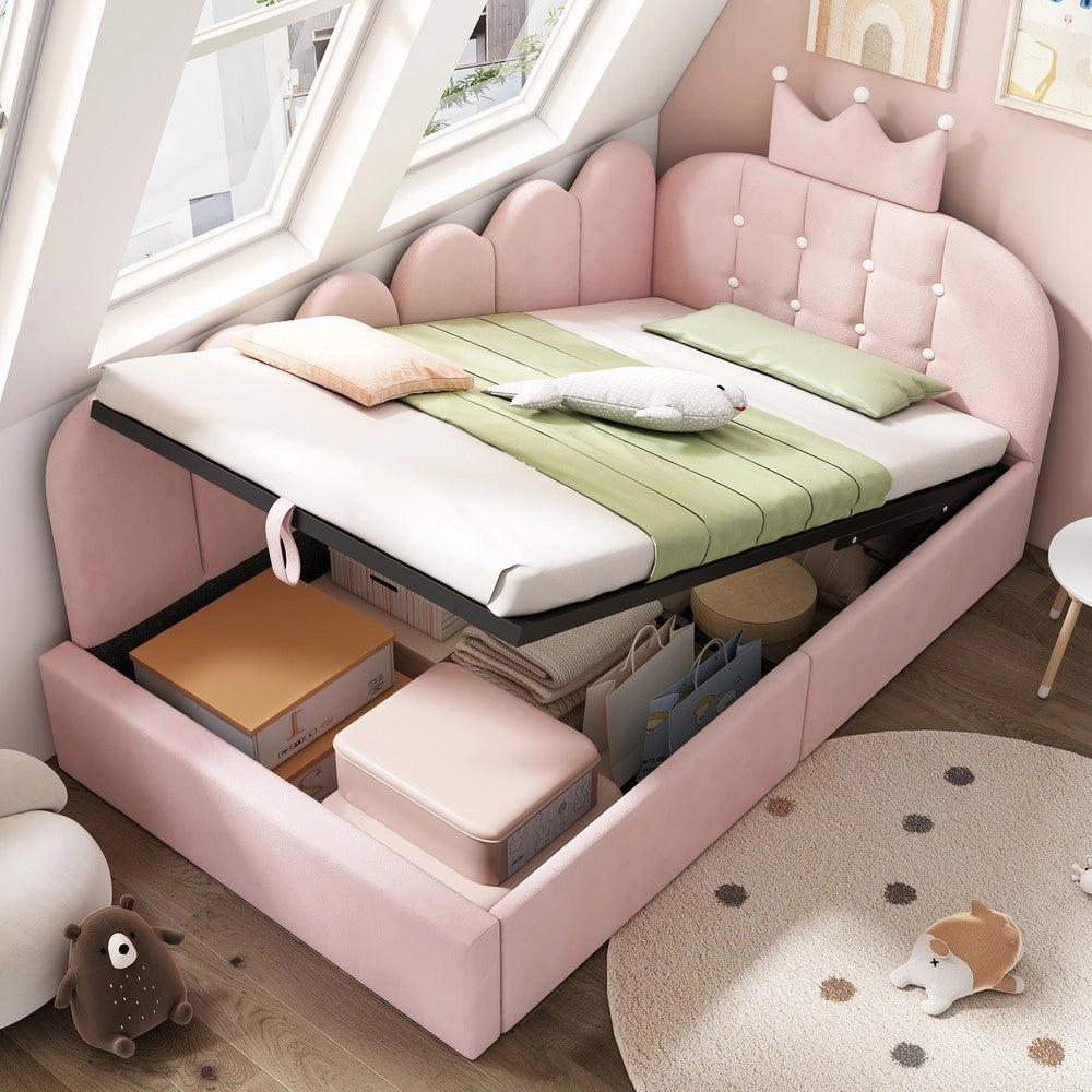 Letto imbottito a giorno - Zephmum-90x200 cm-Rosa-Design griglia corona con stoccaggio idraulico