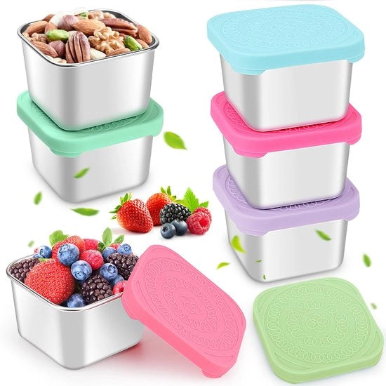 Set di contenitori per snack da 6 pezzi, 180 ml, in acciaio inossidabile 304, contenitore per salse metallico per la conservazione degli alimenti con coperchio in silicone, set di piccole, riutilizzabili, trasportabili e impermeabili scatole per il pranzo